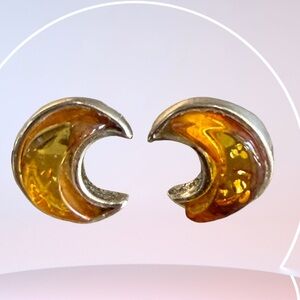 Silver Amber Crescent Earrings